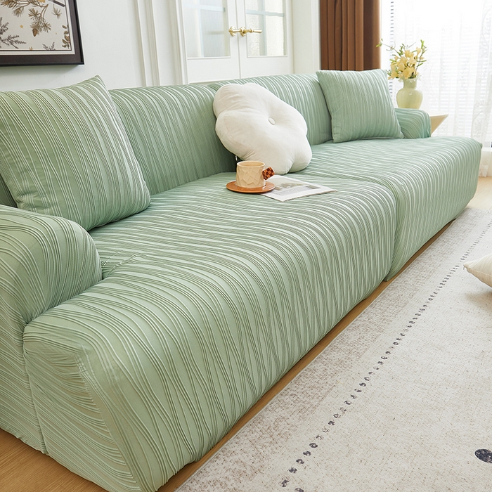 91家纺网 家纺一手货源 找家纺 丝绮鹿 2025新款提花绒沙发套水波纹松紧款 草绿