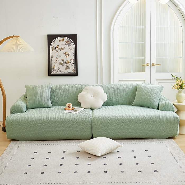 91家纺网 家纺一手货源 找家纺 丝绮鹿 2025新款提花绒沙发套水波纹松紧款 草绿