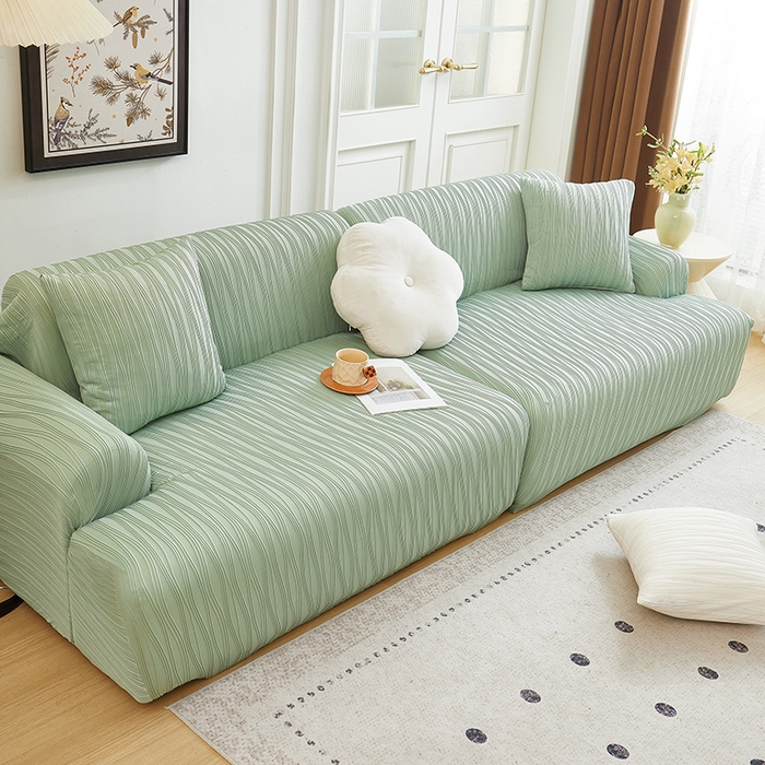 91家纺网 家纺一手货源 找家纺 丝绮鹿 2025新款提花绒沙发套水波纹松紧款 草绿