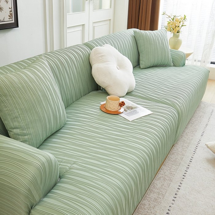 91家纺网 家纺一手货源 找家纺 丝绮鹿 2025新款提花绒沙发套水波纹松紧款 草绿