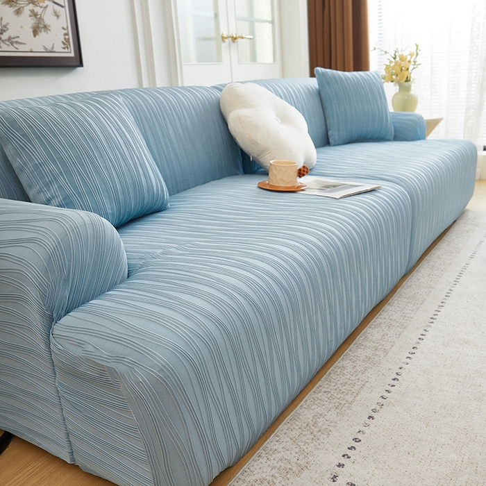 91家纺网 家纺一手货源 找家纺 丝绮鹿 2025新款提花绒沙发套水波纹松紧款 雾蓝