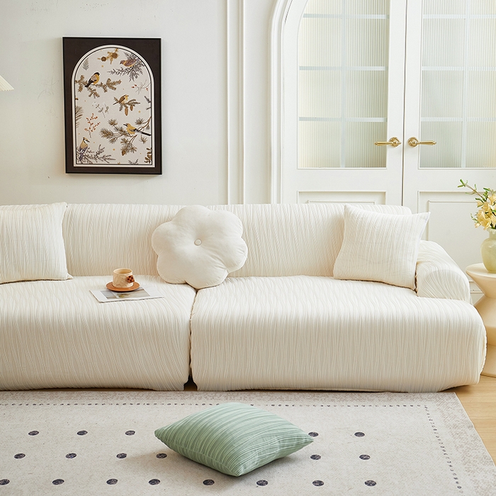 91家纺网 家纺一手货源 找家纺 丝绮鹿 2025新款提花绒沙发套水波纹松紧款 米白