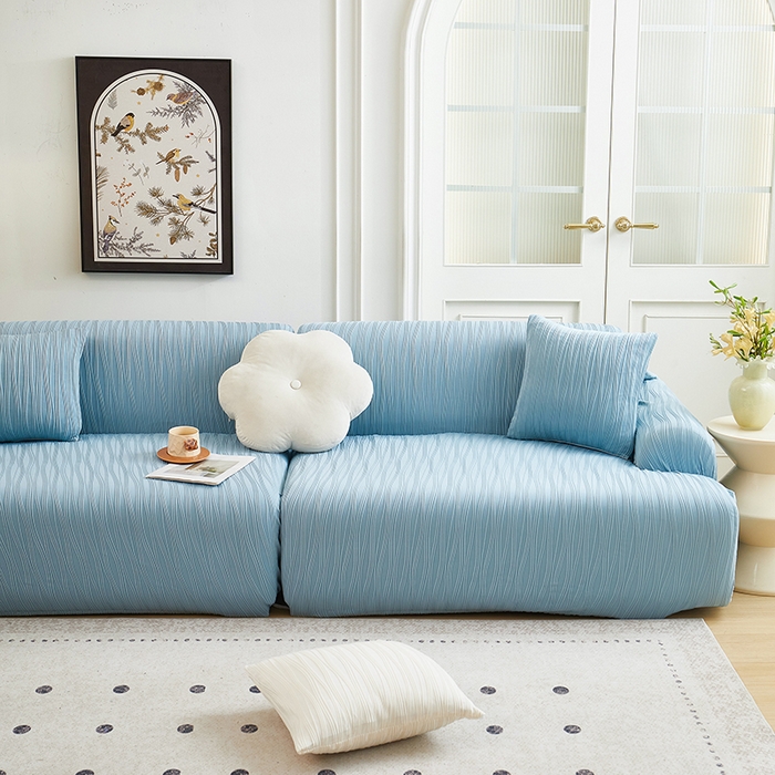 91家纺网 家纺一手货源 找家纺 丝绮鹿 2025新款提花绒沙发套水波纹松紧款 雾蓝