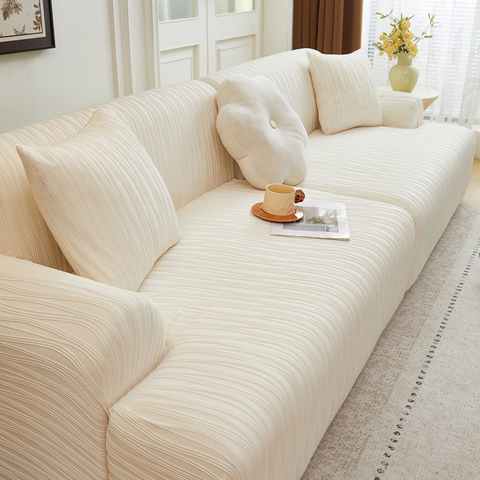 91家纺网 家纺一手货源 找家纺 丝绮鹿 2025新款提花绒沙发套水波纹松紧款 米白