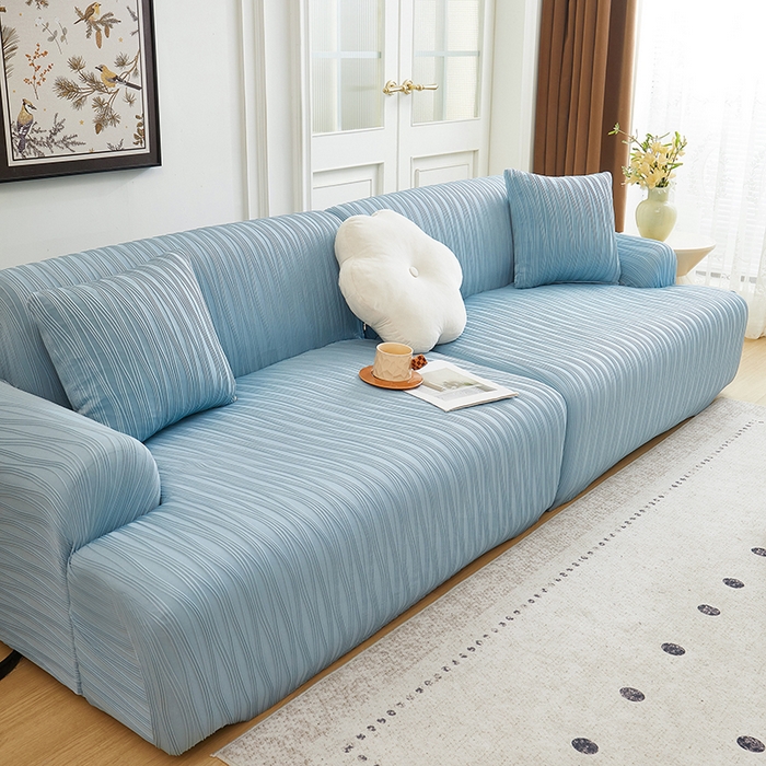 91家纺网 家纺一手货源 找家纺 丝绮鹿 2025新款提花绒沙发套水波纹松紧款 雾蓝