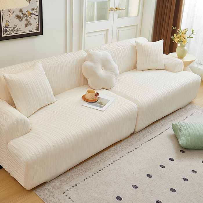 91家纺网 家纺一手货源 找家纺 丝绮鹿 2025新款提花绒沙发套水波纹松紧款 米白