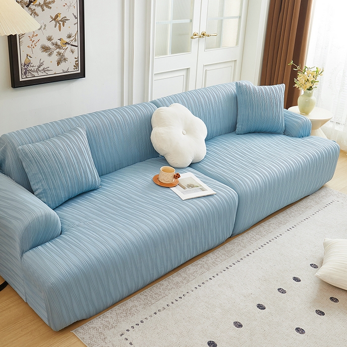 91家纺网 家纺一手货源 找家纺 丝绮鹿 2025新款提花绒沙发套水波纹松紧款 雾蓝