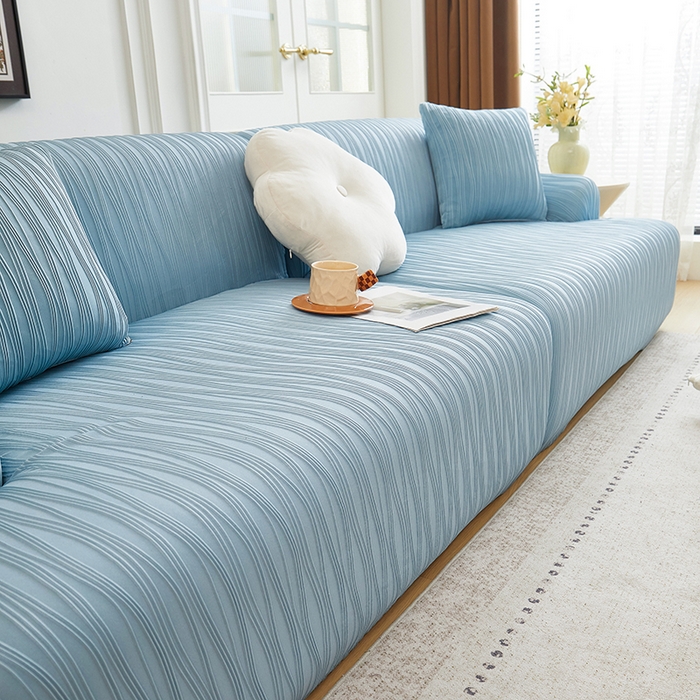 91家纺网 家纺一手货源 找家纺 丝绮鹿 2025新款提花绒沙发套水波纹松紧款 雾蓝
