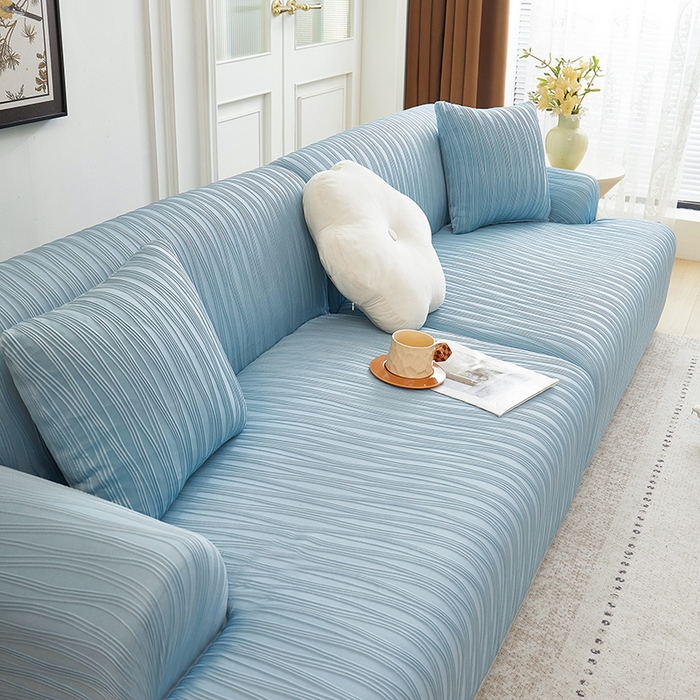 91家纺网 家纺一手货源 找家纺 丝绮鹿 2025新款提花绒沙发套水波纹松紧款 雾蓝