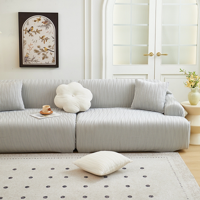 91家纺网 家纺一手货源 找家纺 丝绮鹿 2025新款提花绒沙发套水波纹松紧款 浅灰
