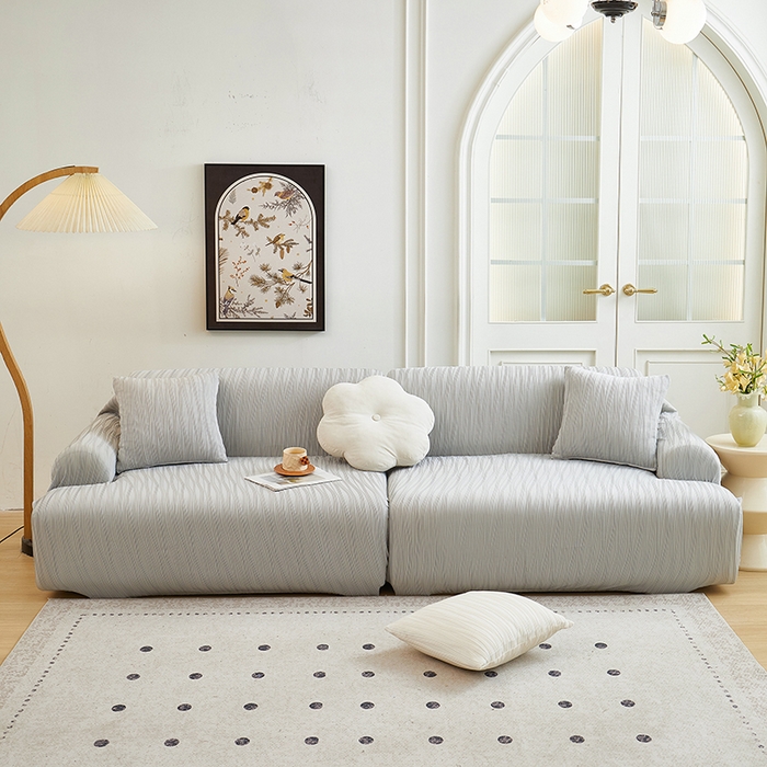 91家纺网 家纺一手货源 找家纺 丝绮鹿 2025新款提花绒沙发套水波纹松紧款 浅灰