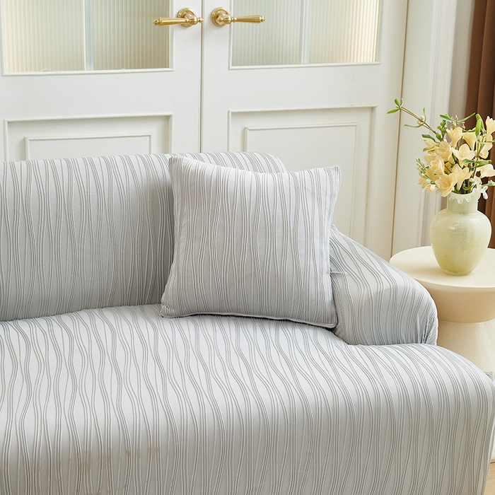 91家纺网 家纺一手货源 找家纺 丝绮鹿 2025新款提花绒沙发套水波纹松紧款 浅灰