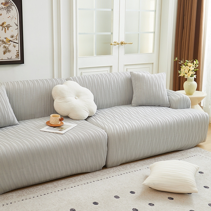 91家纺网 家纺一手货源 找家纺 丝绮鹿 2025新款提花绒沙发套水波纹松紧款 浅灰