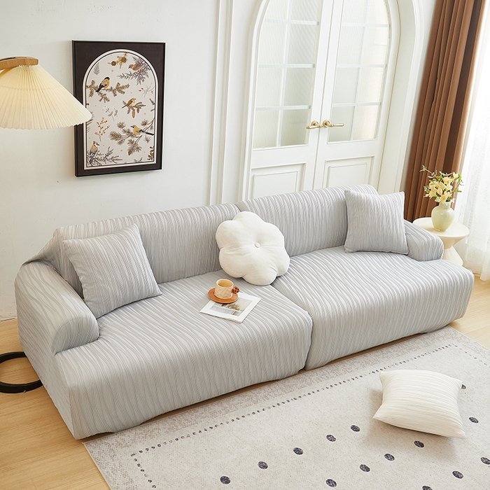 丝绮鹿 2025新款提花绒沙发套水波纹松紧款 浅灰