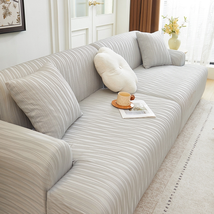 91家纺网 家纺一手货源 找家纺 丝绮鹿 2025新款提花绒沙发套水波纹松紧款 浅灰