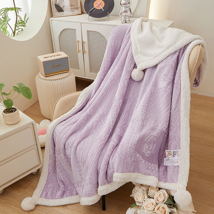 楼兰公主2025新款雪兔绒小香风提花雕花毯 山茶花奶白拼香紫