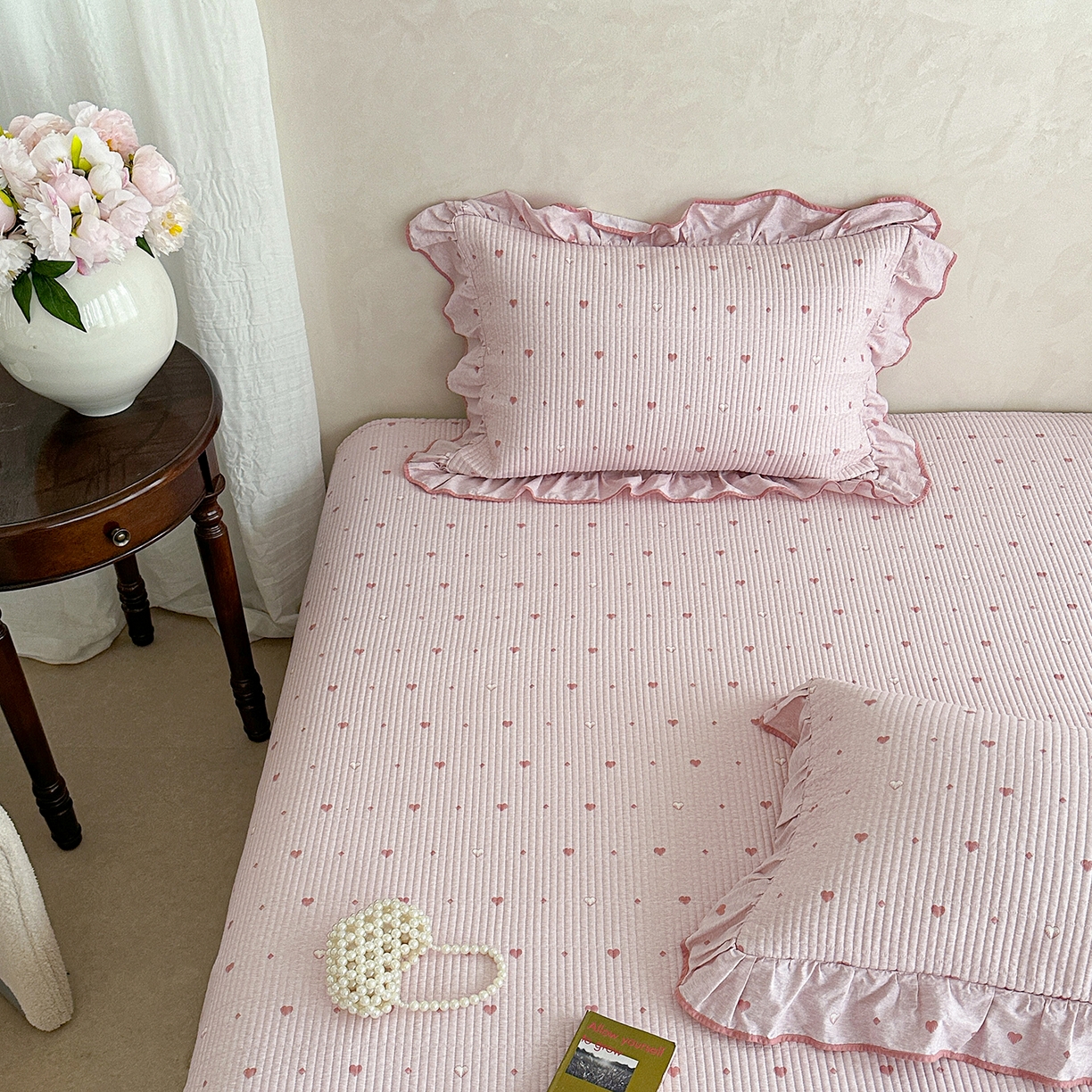 91家纺网 家纺一手货源 找家纺 琳可家居2025新款全棉印花花边床盖可搭配同款被套 爱心-仙女粉