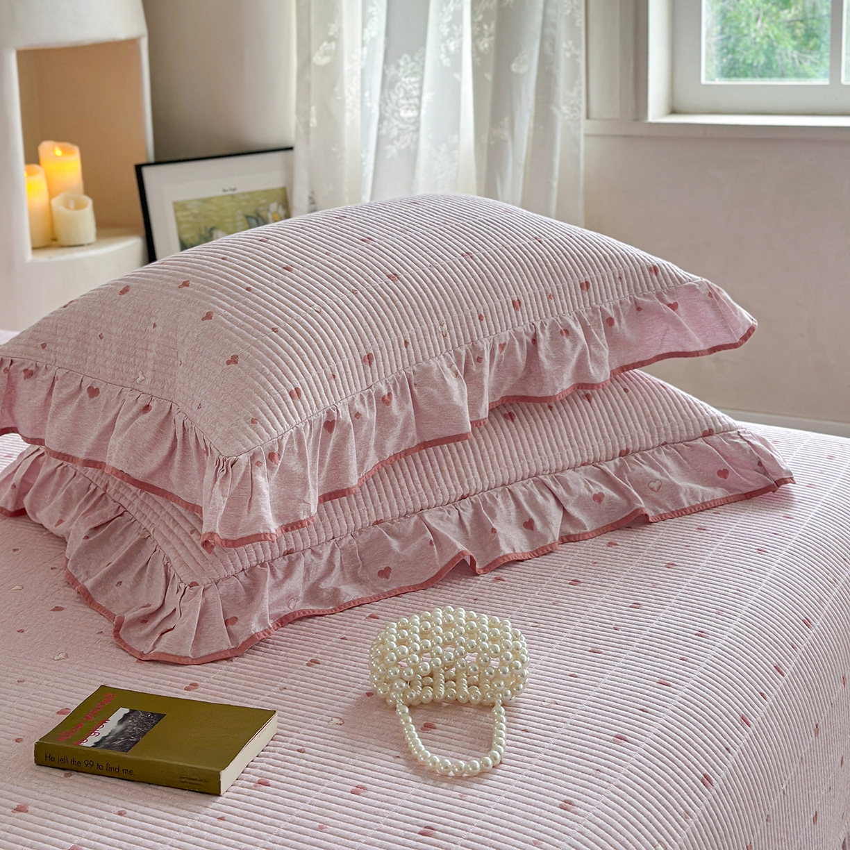 91家纺网 家纺一手货源 找家纺 琳可家居2025新款全棉印花花边床盖可搭配同款被套 爱心-仙女粉