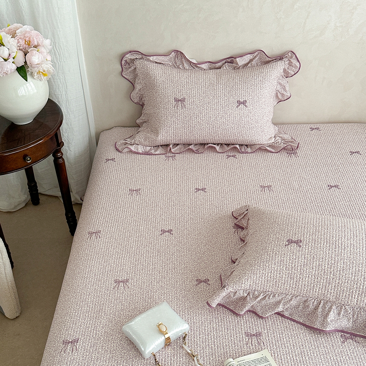 91家纺网 家纺一手货源 找家纺 琳可家居2025新款全棉印花花边床盖可搭配同款被套 蝴蝶结-梦幻紫