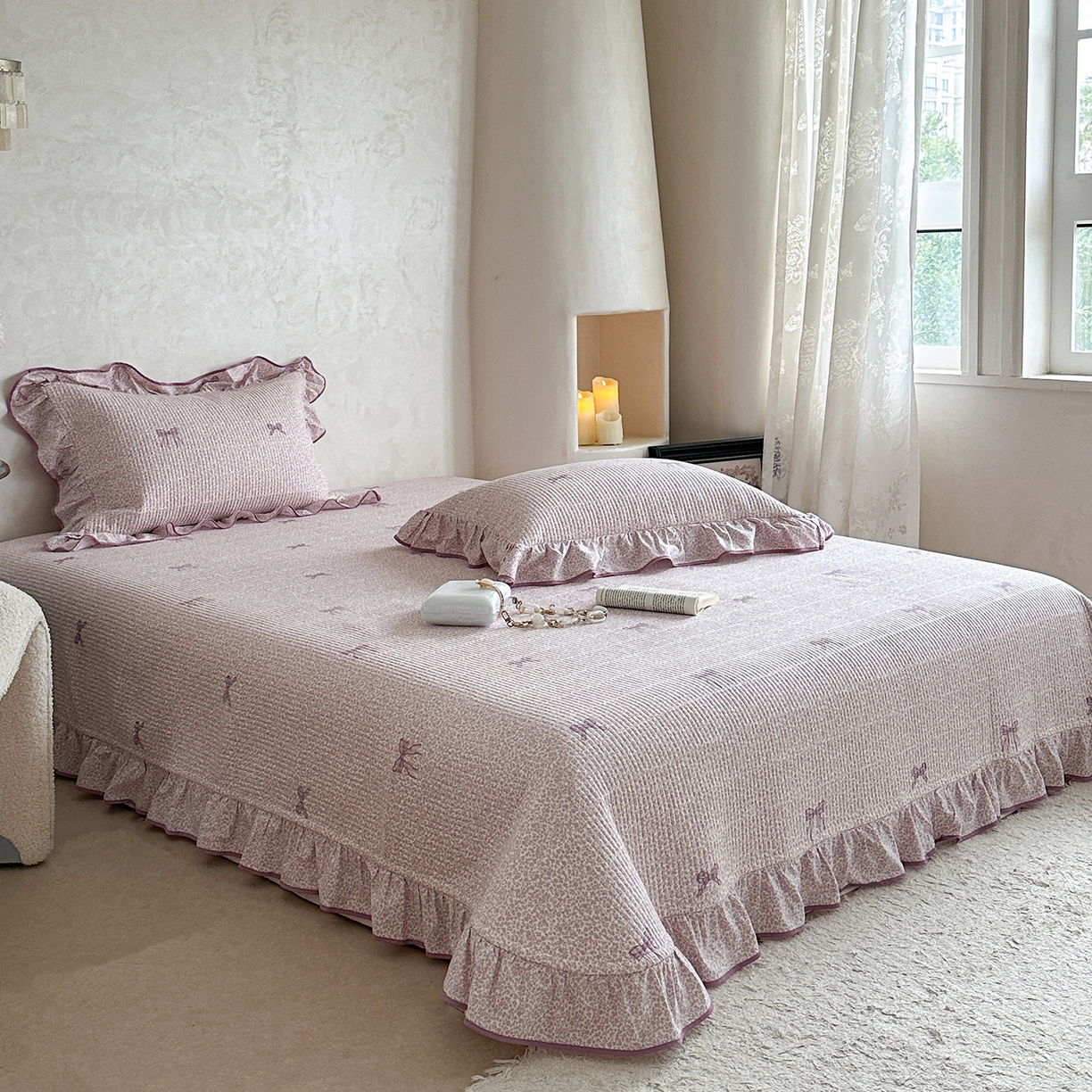 91家纺网 家纺一手货源 找家纺 琳可家居2025新款全棉印花花边床盖可搭配同款被套 蝴蝶结-梦幻紫