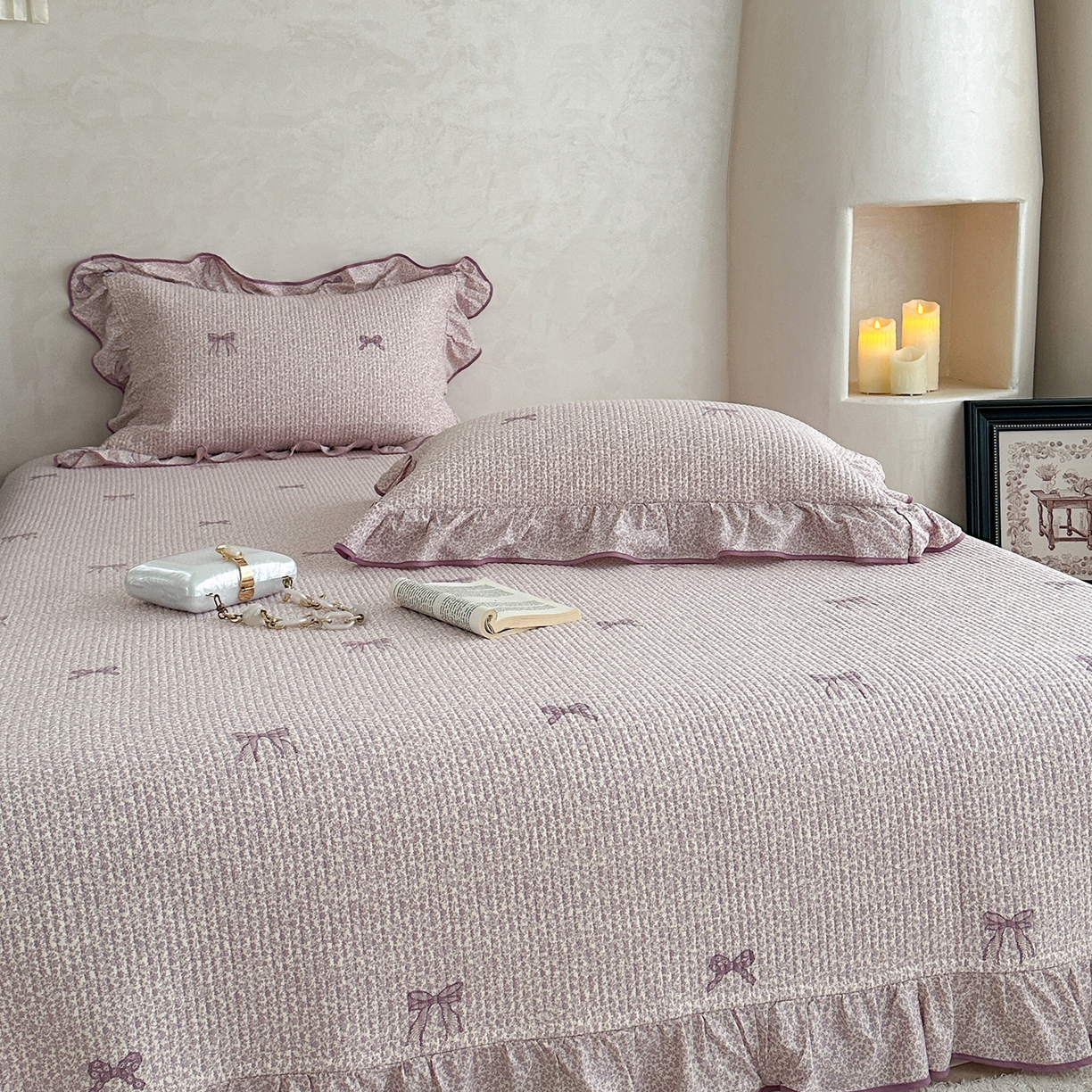 91家纺网 家纺一手货源 找家纺 琳可家居2025新款全棉印花花边床盖可搭配同款被套 蝴蝶结-梦幻紫