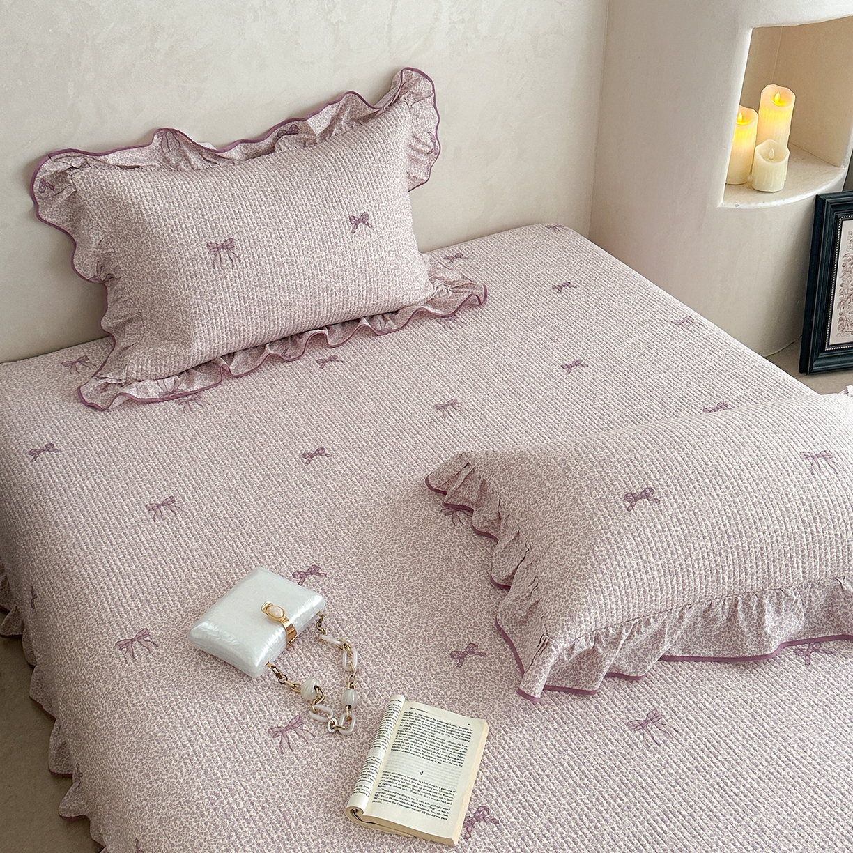 91家纺网 家纺一手货源 找家纺 琳可家居2025新款全棉印花花边床盖可搭配同款被套 蝴蝶结-梦幻紫