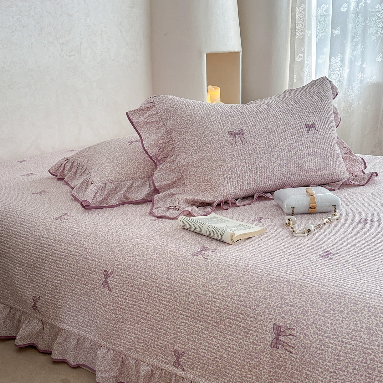 91家纺网 家纺一手货源 找家纺 琳可家居2025新款全棉印花花边床盖可搭配同款被套 蝴蝶结-梦幻紫