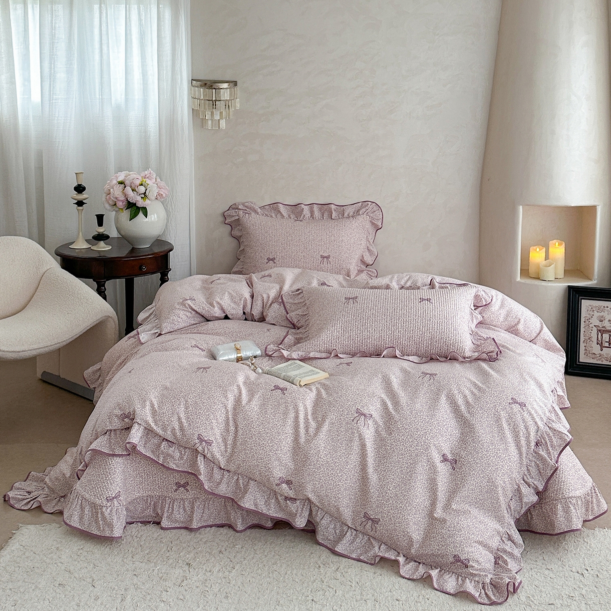 91家纺网 家纺一手货源 找家纺 琳可家居2025新款全棉印花花边床盖可搭配同款被套 蝴蝶结-梦幻紫