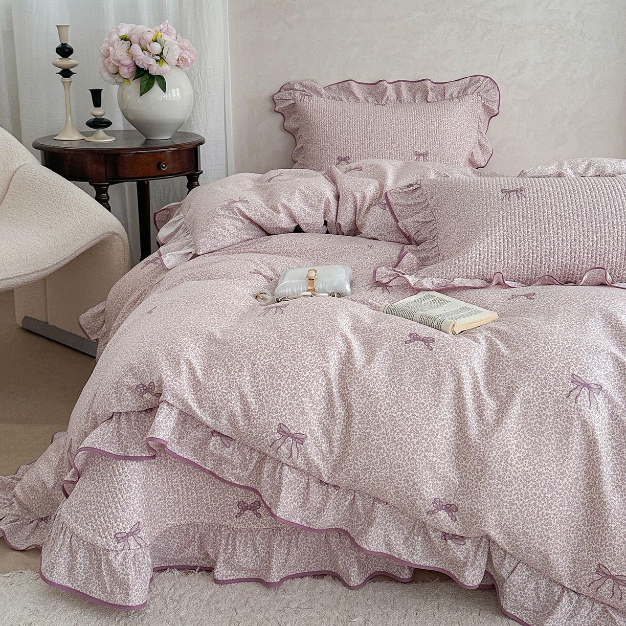 91家纺网 家纺一手货源 找家纺 琳可家居2025新款全棉印花花边床盖可搭配同款被套 蝴蝶结-梦幻紫