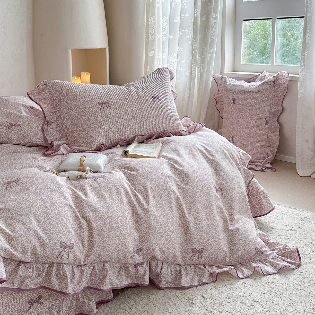 91家纺网 家纺一手货源 找家纺 琳可家居2025新款全棉印花花边床盖可搭配同款被套 蝴蝶结-梦幻紫