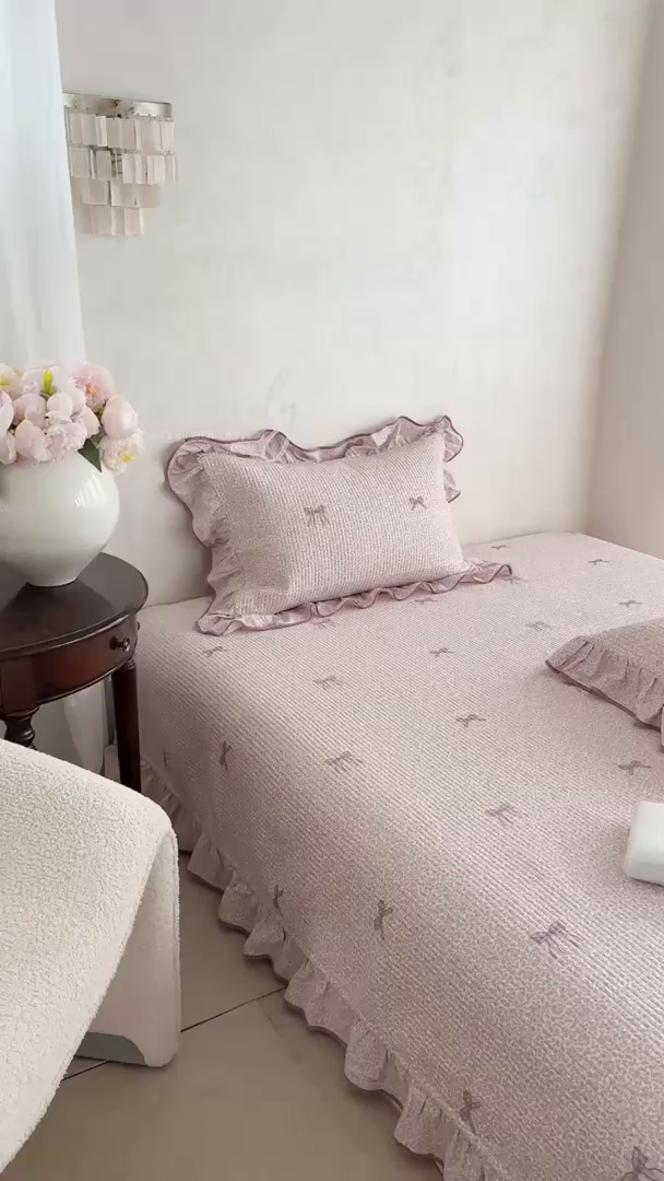 91家纺网 家纺一手货源 找家纺 琳可家居2025新款全棉印花花边床盖可搭配同款被套 蝴蝶结-梦幻紫