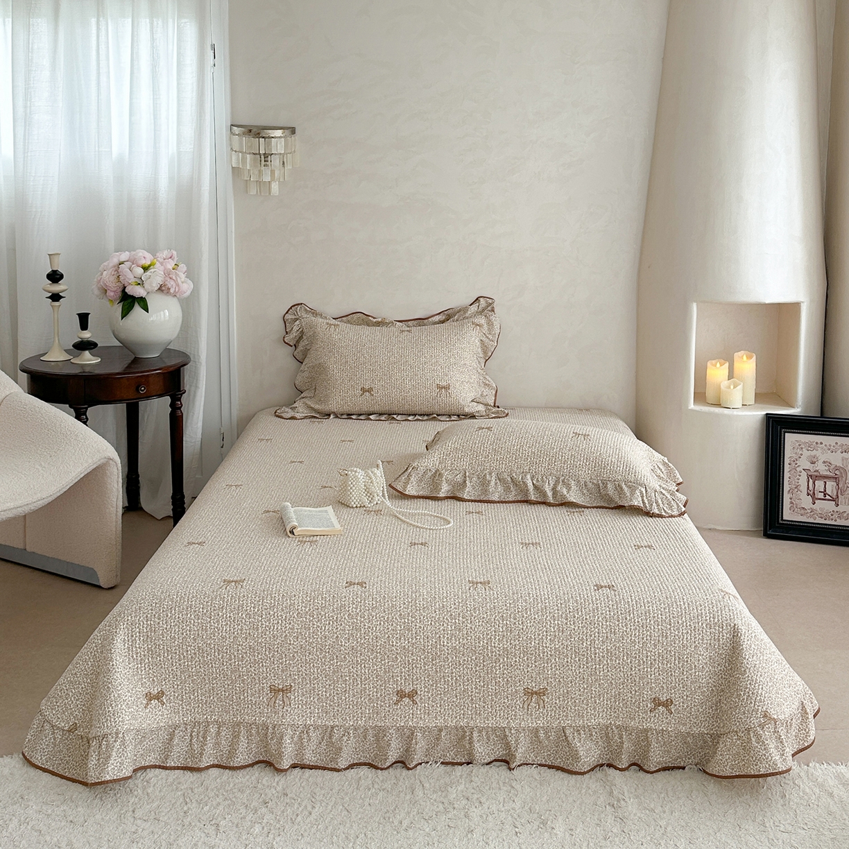 琳可家居2025新款全棉印花花边床盖可搭配同款被套 蝴蝶结-浅咖