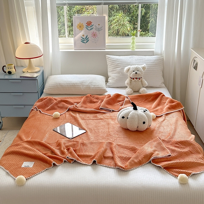 91家纺网 家纺一手货源 找家纺 艾佳 2025新款华夫格升级版毛球款四季毯盖毯毛毯毯子 星光球桔