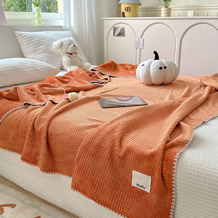 91家纺网 家纺一手货源 找家纺 艾佳 2025新款华夫格升级版毛球款四季毯盖毯毛毯毯子 星光球桔