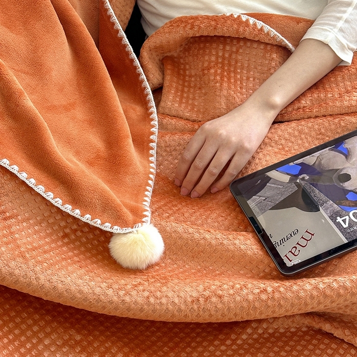 91家纺网 家纺一手货源 找家纺 艾佳 2025新款华夫格升级版毛球款四季毯盖毯毛毯毯子 星光球桔