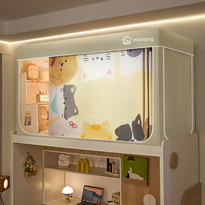 91家纺网 家纺一手货源 找家纺 卓尔居 2025新款学生遮光床帘卡通ZR学生蚊帐 米色-喵汪引力