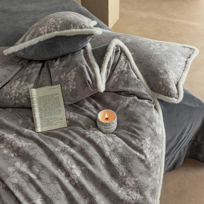 91家纺网 家纺一手货源 找家纺 迷尚家居 2025新款复古色织棉麻牛奶绒棉加绒四件套 可颂灰-绒