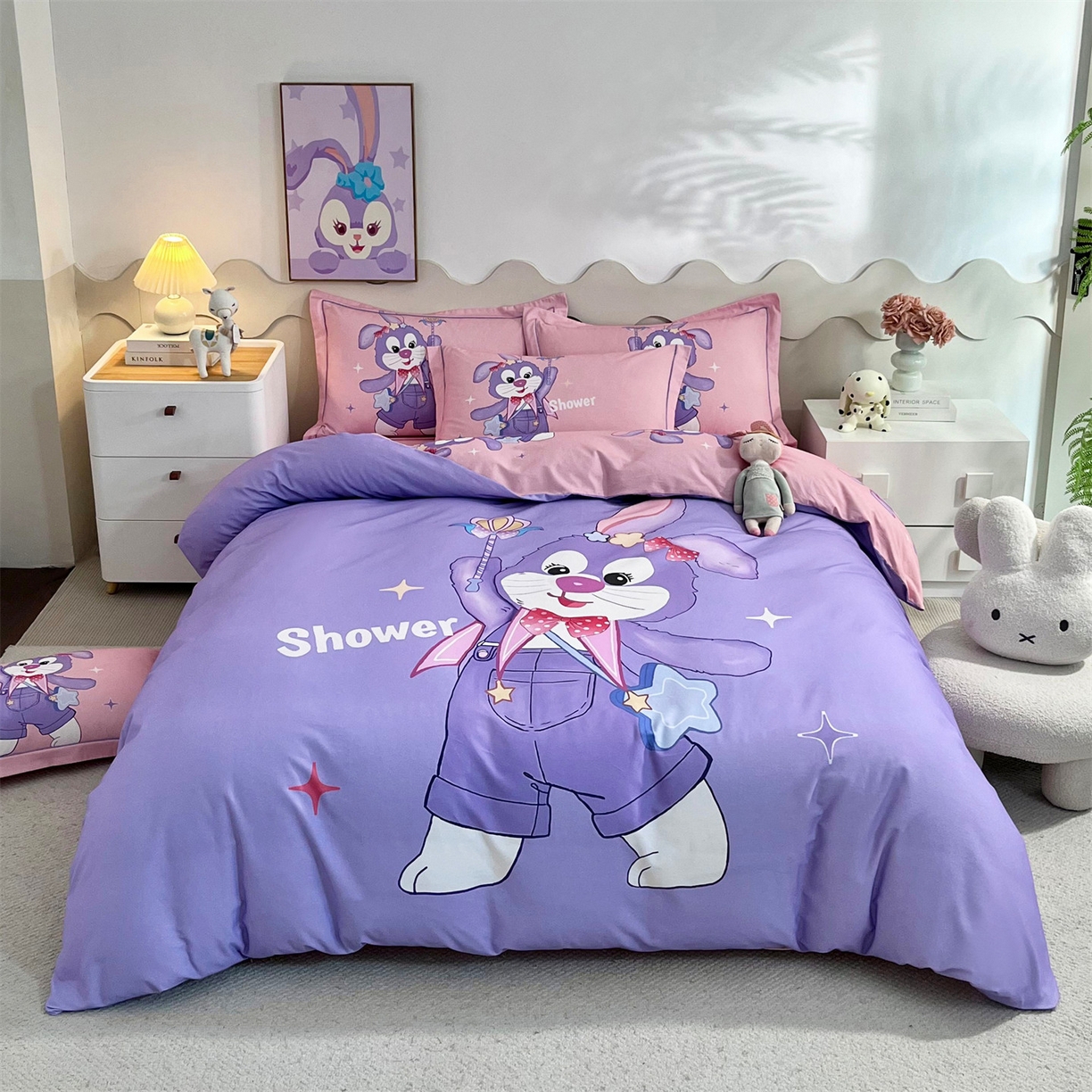 91家纺网 家纺一手货源 找家纺 曼秀琳 2025秋冬新款全棉磨毛印花四件套 闪耀之星-紫