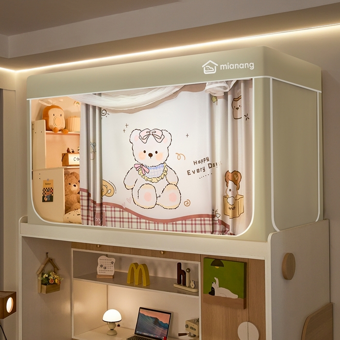 91家纺网 家纺一手货源 找家纺 卓尔居 2025新款学生遮光床帘卡通ZR学生蚊帐 米色-格子泰迪