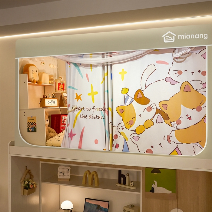 91家纺网 家纺一手货源 找家纺 卓尔居 2025新款学生遮光床帘卡通ZR学生蚊帐 米色-烟花小猫