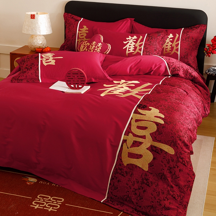 91家纺网 家纺一手货源 找家纺 苏源家居 2025新款绣花婚庆结婚喜庆拼接四件套-欢喜 欢喜-金