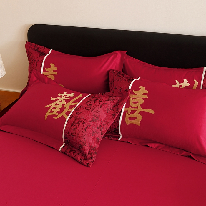 91家纺网 家纺一手货源 找家纺 苏源家居 2025新款绣花婚庆结婚喜庆拼接四件套-欢喜 欢喜-金