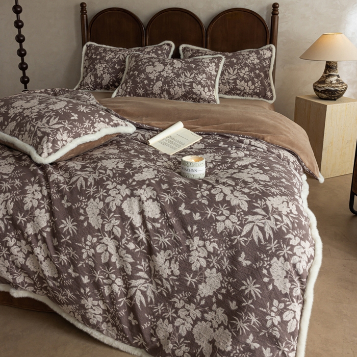 91家纺网 家纺一手货源 找家纺 迷尚家居 2025新款复古色织棉麻牛奶绒棉加绒四件套 枫林晚-绒