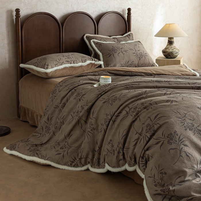 91家纺网 家纺一手货源 找家纺 迷尚家居 2025新款复古色织棉麻牛奶绒棉加绒四件套 玉茗-绒