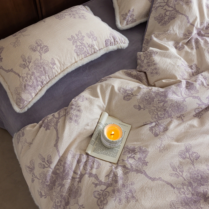 91家纺网 家纺一手货源 找家纺 迷尚家居 2025新款复古色织棉麻牛奶绒棉加绒四件套 砚秋紫-绒