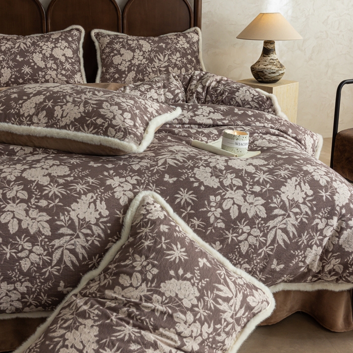 91家纺网 家纺一手货源 找家纺 迷尚家居 2025新款复古色织棉麻牛奶绒棉加绒四件套 枫林晚-绒