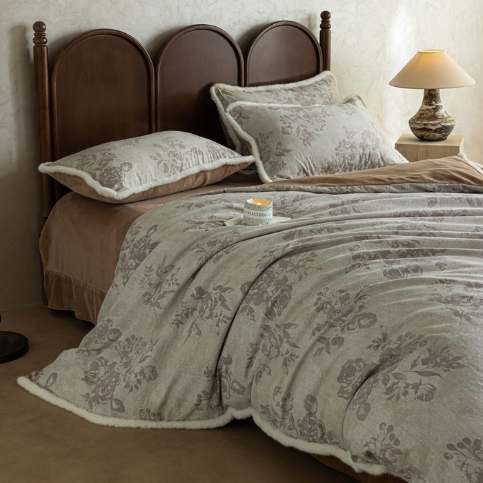 91家纺网 家纺一手货源 找家纺 迷尚家居 2025新款复古色织棉麻牛奶绒棉加绒四件套 风木槿咖-绒