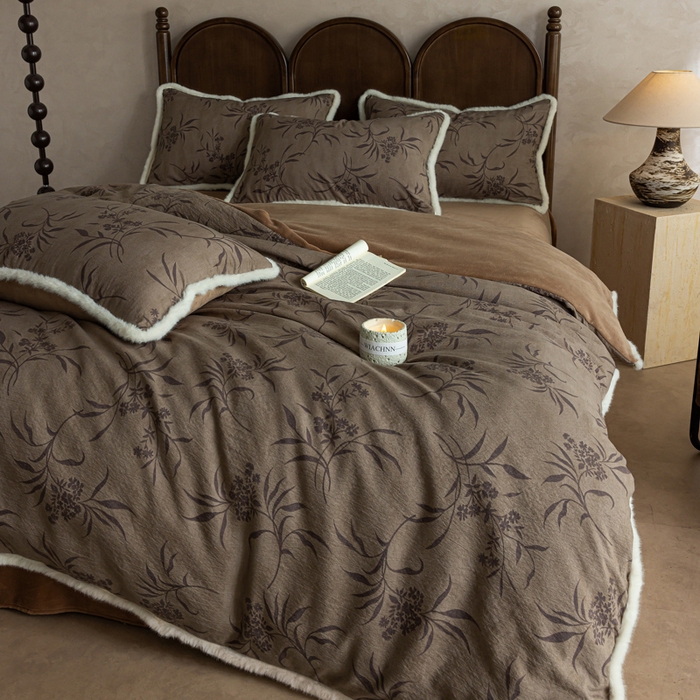 91家纺网 家纺一手货源 找家纺 迷尚家居 2025新款复古色织棉麻牛奶绒棉加绒四件套 玉茗-绒