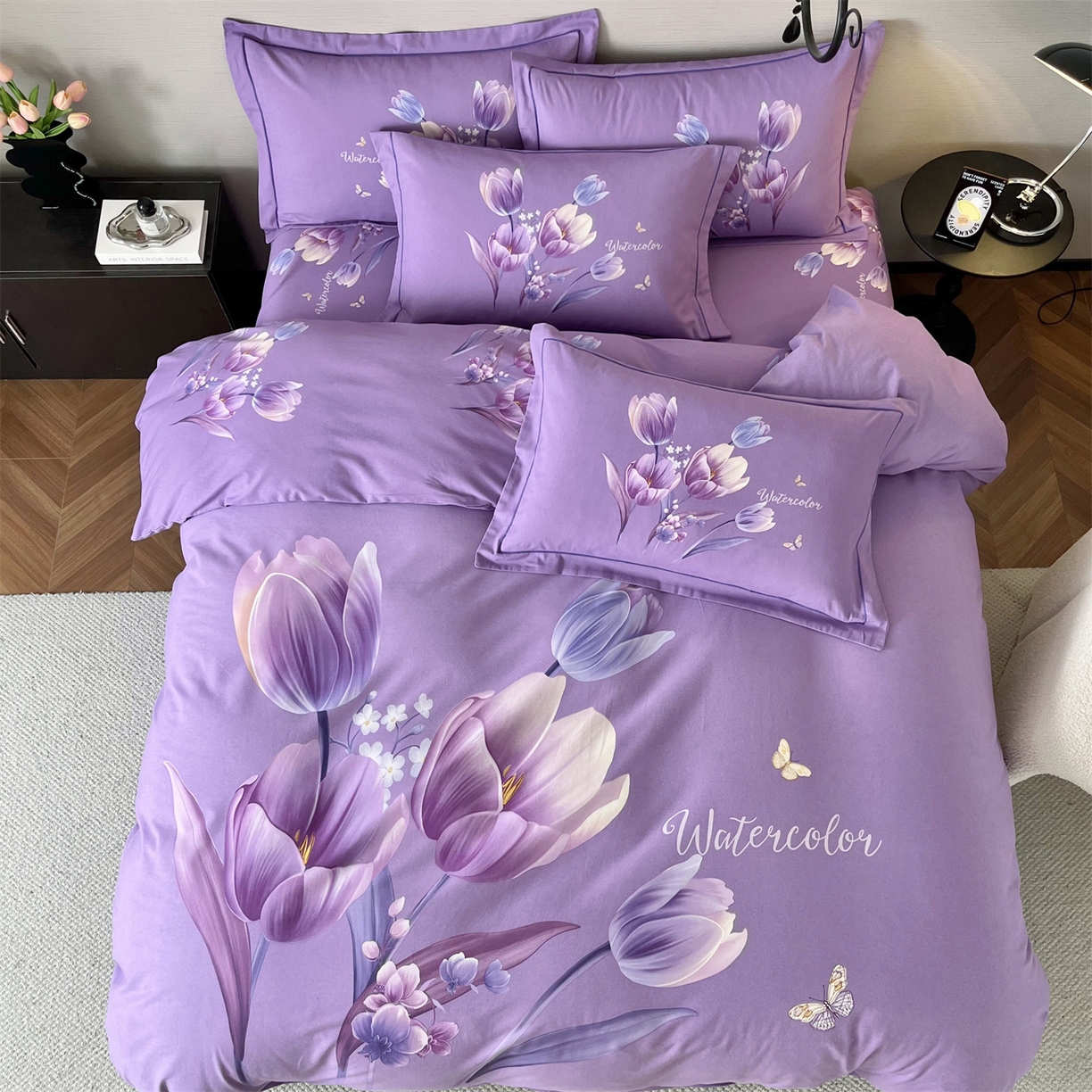 91家纺网 家纺一手货源 找家纺 曼秀琳 2025秋冬新款全棉磨毛印花四件套 滴翠溢香-浅紫