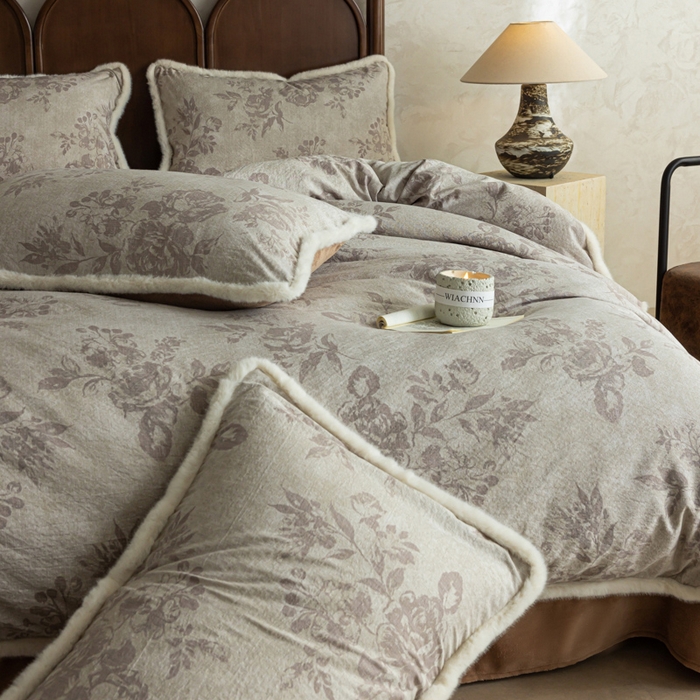 91家纺网 家纺一手货源 找家纺 迷尚家居 2025新款复古色织棉麻牛奶绒棉加绒四件套 风木槿咖-绒